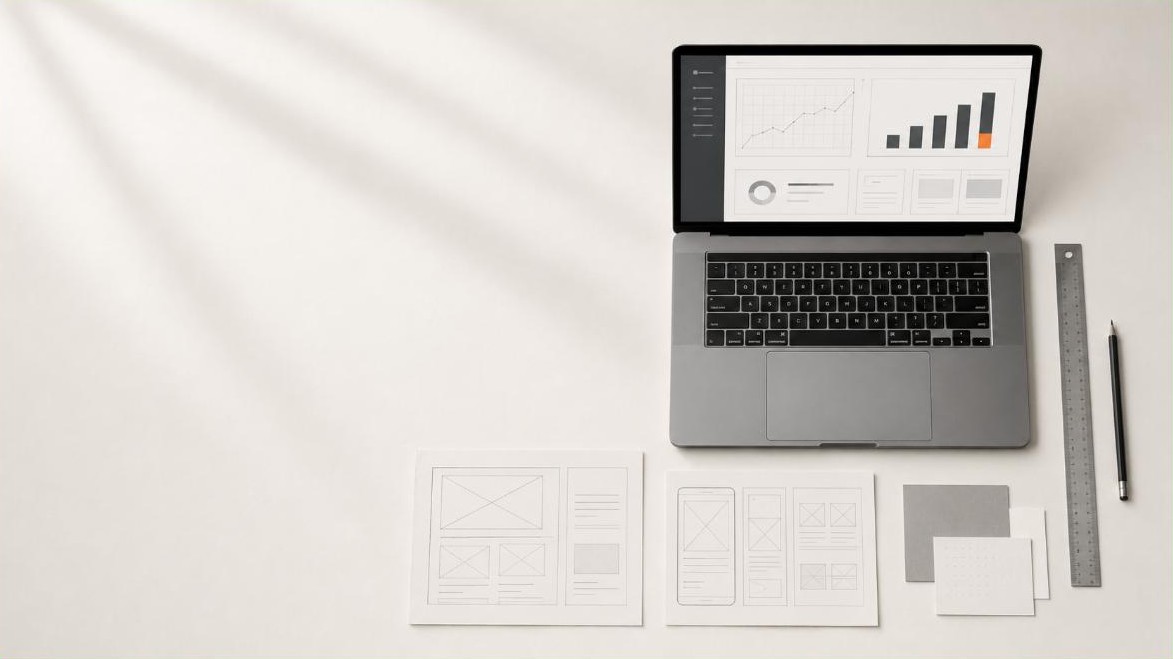 Laptop cu un panou de analiză și foi printate cu schițe de wireframe, vedere de sus
